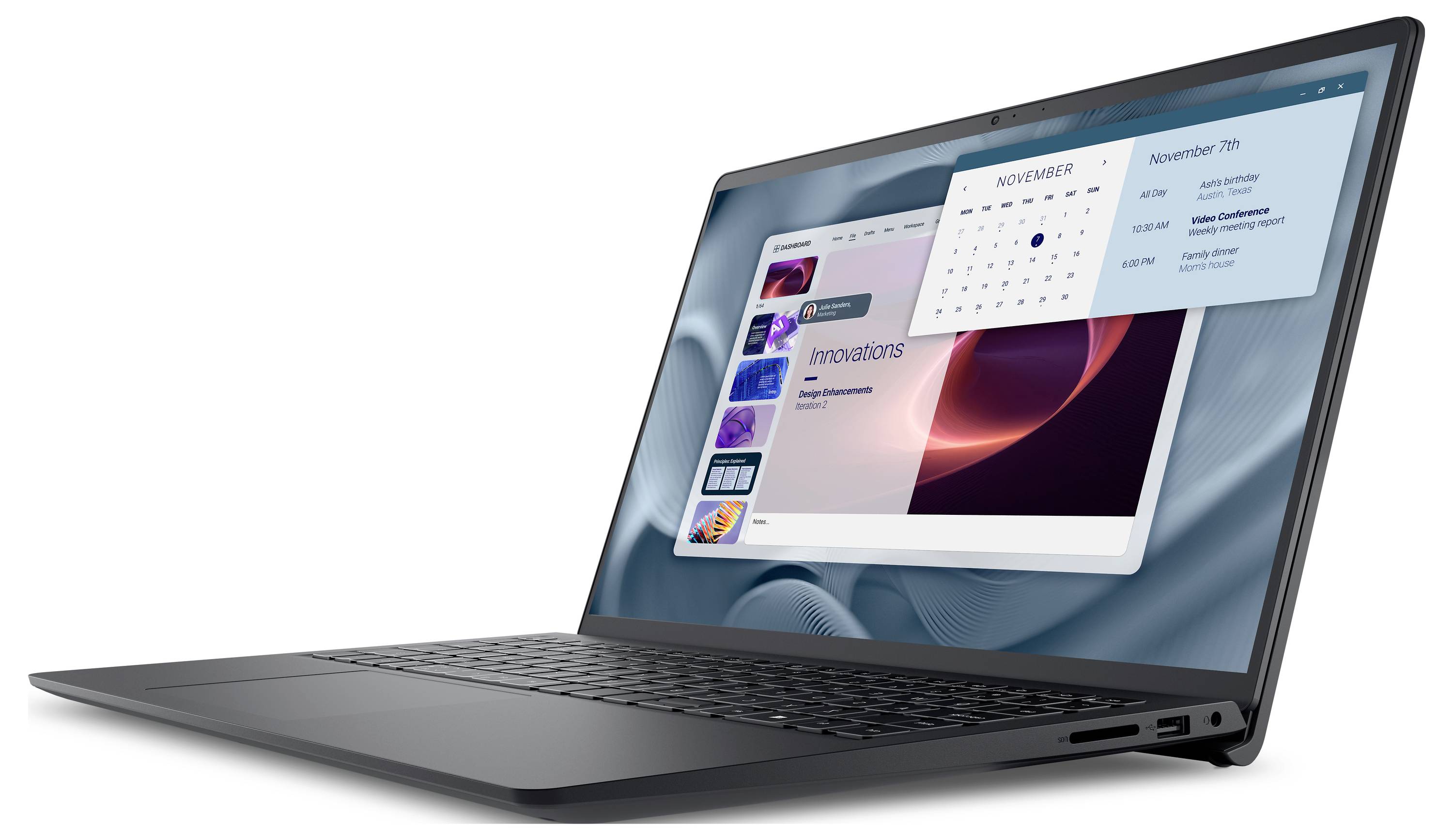 Ein Laptop, der eine Webseite mit Bildern und Text anzeigt, neben einem Kalender, der das Datum 7. November zeigt.