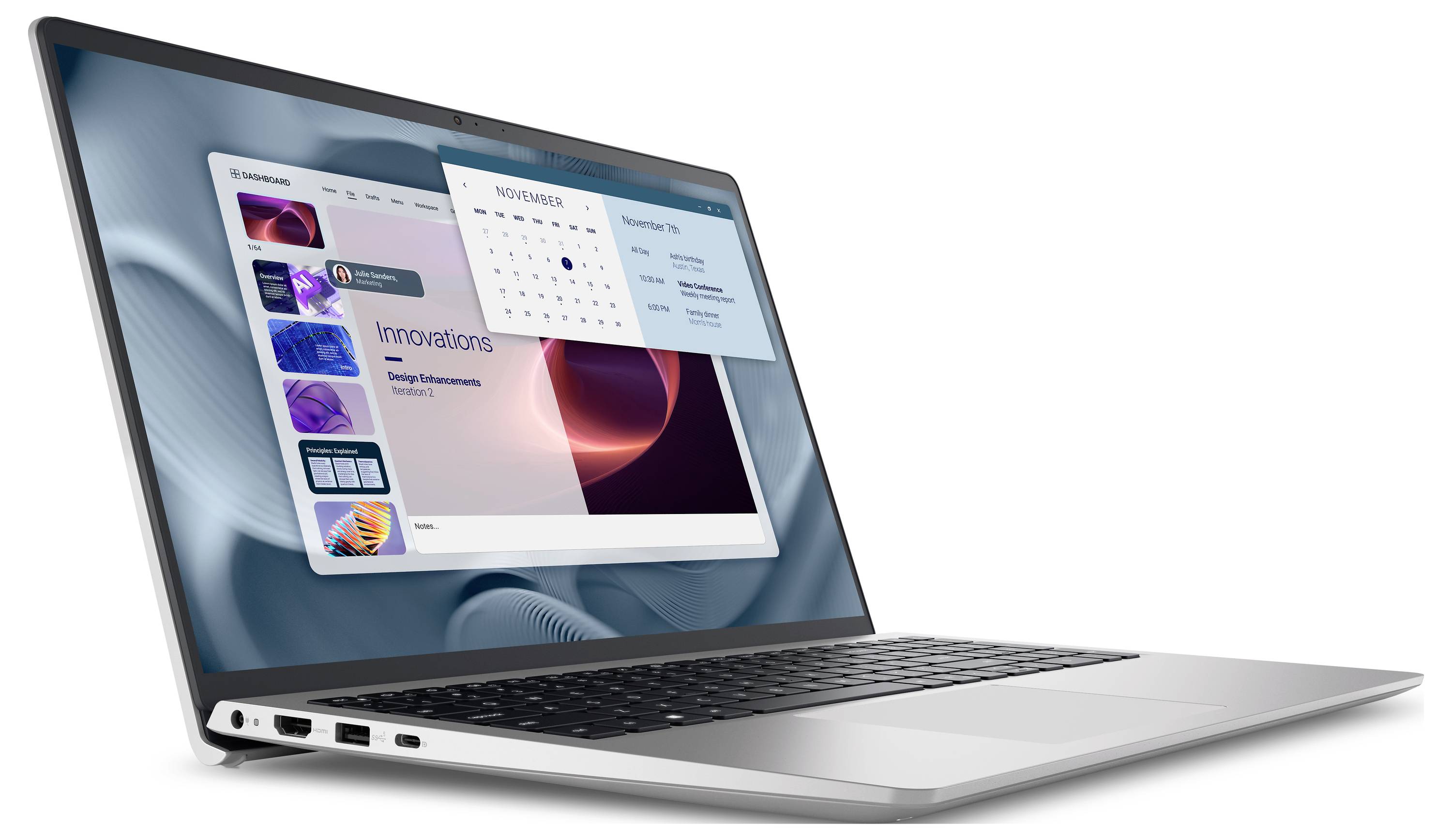 Ein schlanker, offener Laptop, der eine Website und einen Kalender für November zeigt. Das Design zeichnet sich durch kräftige Farben und eine moderne Benutzeroberfläche aus.