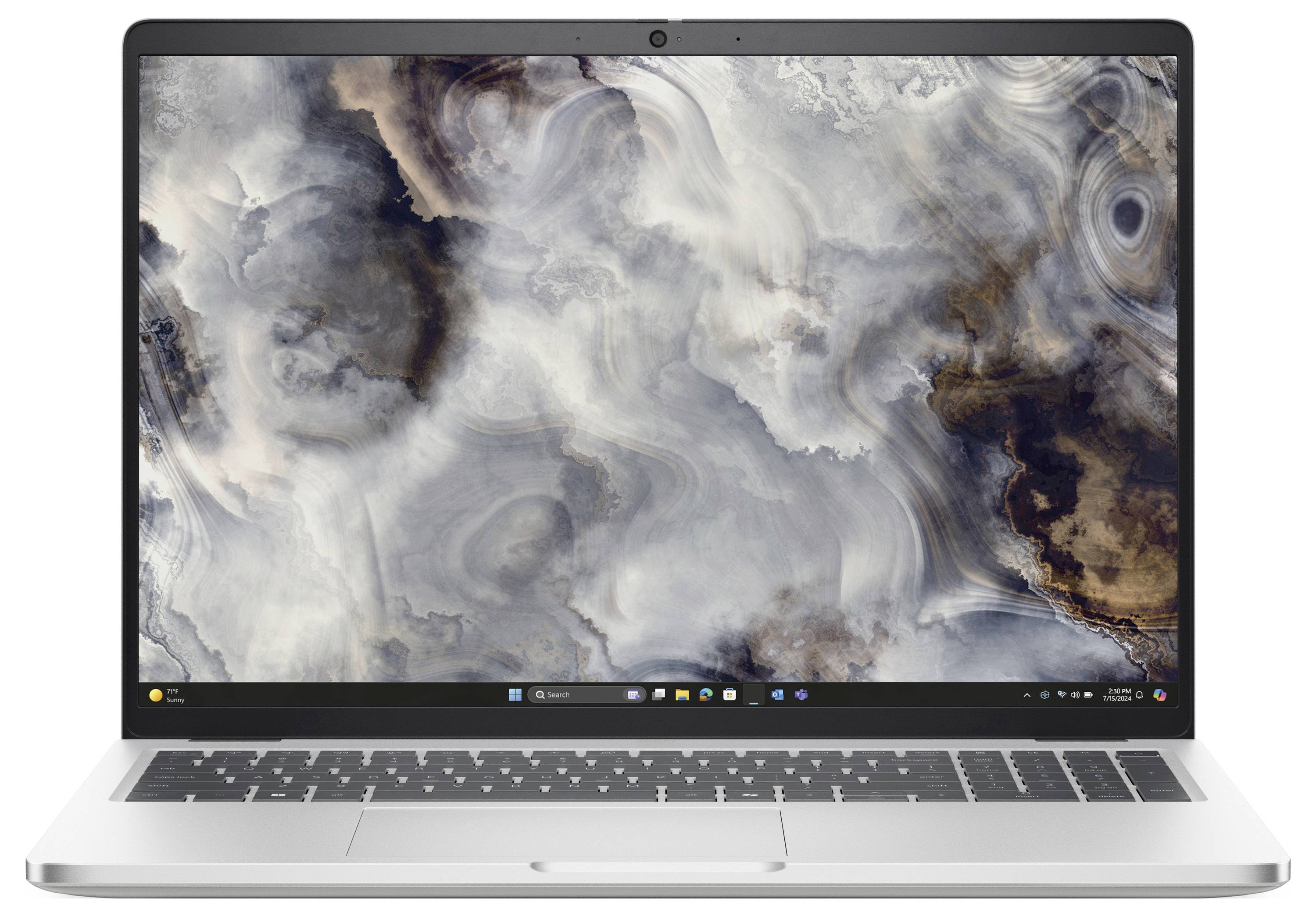 Ein Laptop mit einem wolkenähnlichen abstrakten Hintergrundbild auf dem Bildschirm.