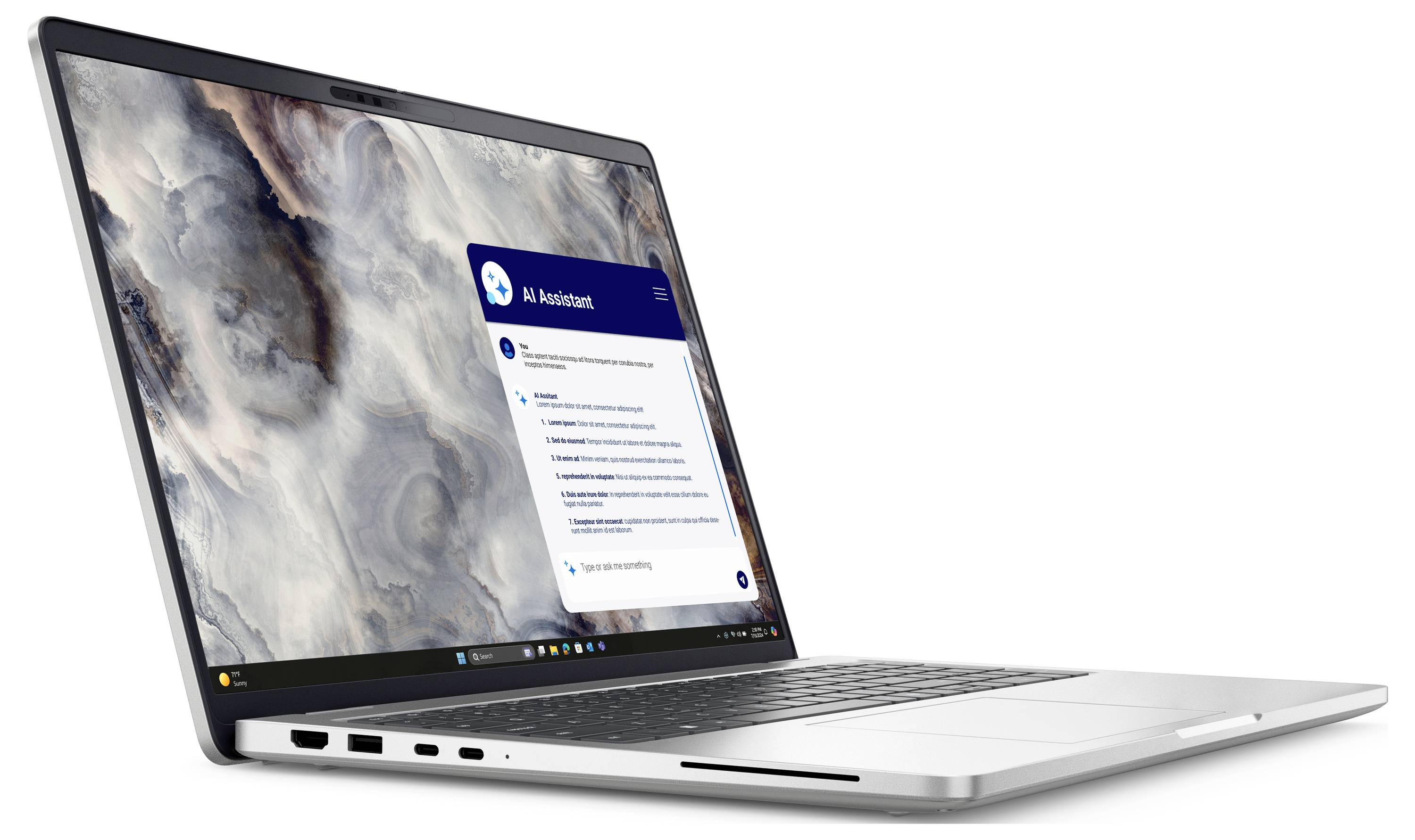 Ein silberner Laptop, auf dessen Bildschirm eine KI-Assistenten-Oberfläche zu sehen ist, vor einem marmorartigen Hintergrund, der den Einsatz von Technologie andeutet.