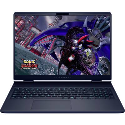 Ein Gaming-Laptop zeigt Artwork von 'Sonic Generations', das einen Charakter darstellt, der einem großen Roboterfeind in einer futuristischen Stadtkulisse gegenübersteht.