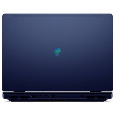 Ein geschlossener blauer Laptop mit einem Alien-Logo auf dem Deckel, von hinten betrachtet.