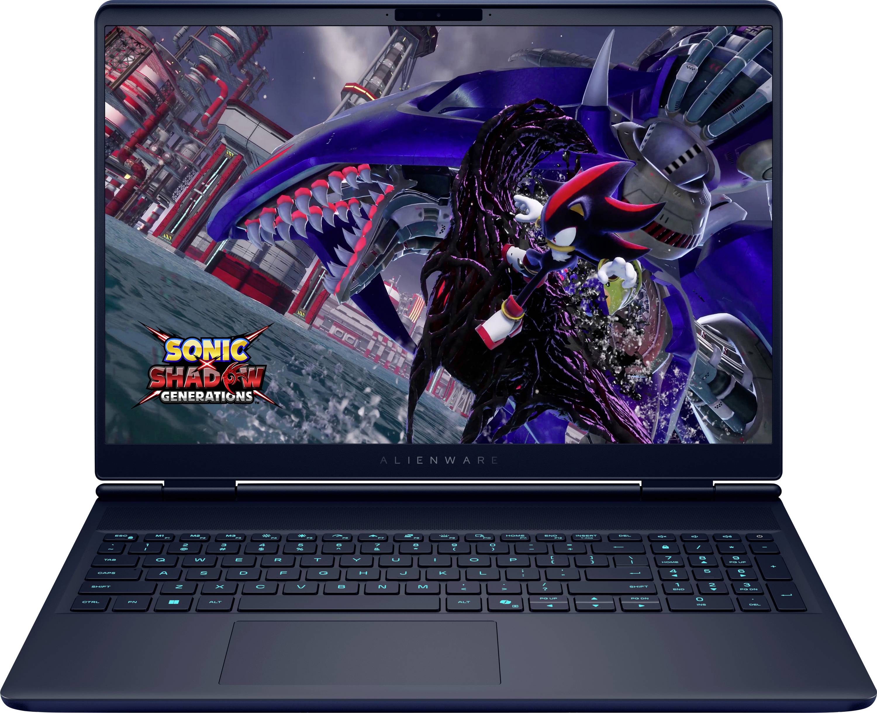 Ein Laptop, der eine Videospielszene mit ‚Sonic the Hedgehog' zeigt; eine lebendige Stadtlandschaft und dynamische Action mit einem großen Wesen.