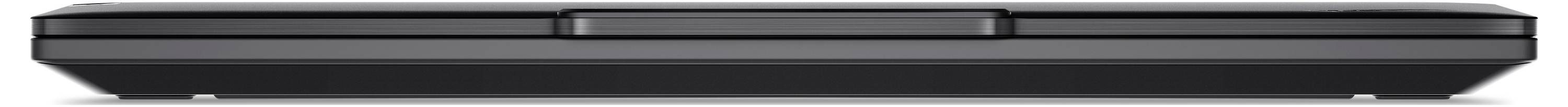 Ein schlanker, geschlossener, schwarzer Laptop mit minimalistischem Design, von vorne betrachtet.