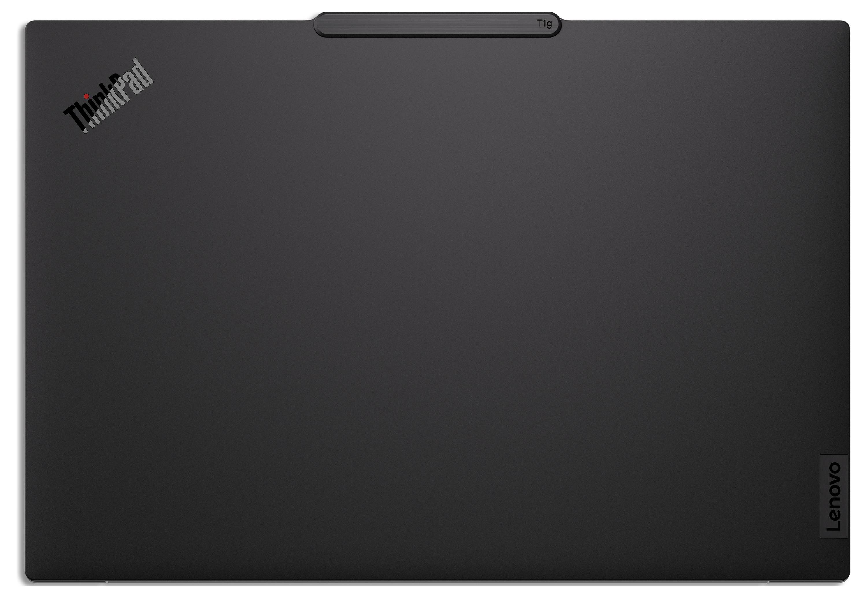 Ein geschlossener schwarzer Laptop mit 'ThinkPad'- und 'Lenovo'-Logos auf dem Deckel, von oben betrachtet.