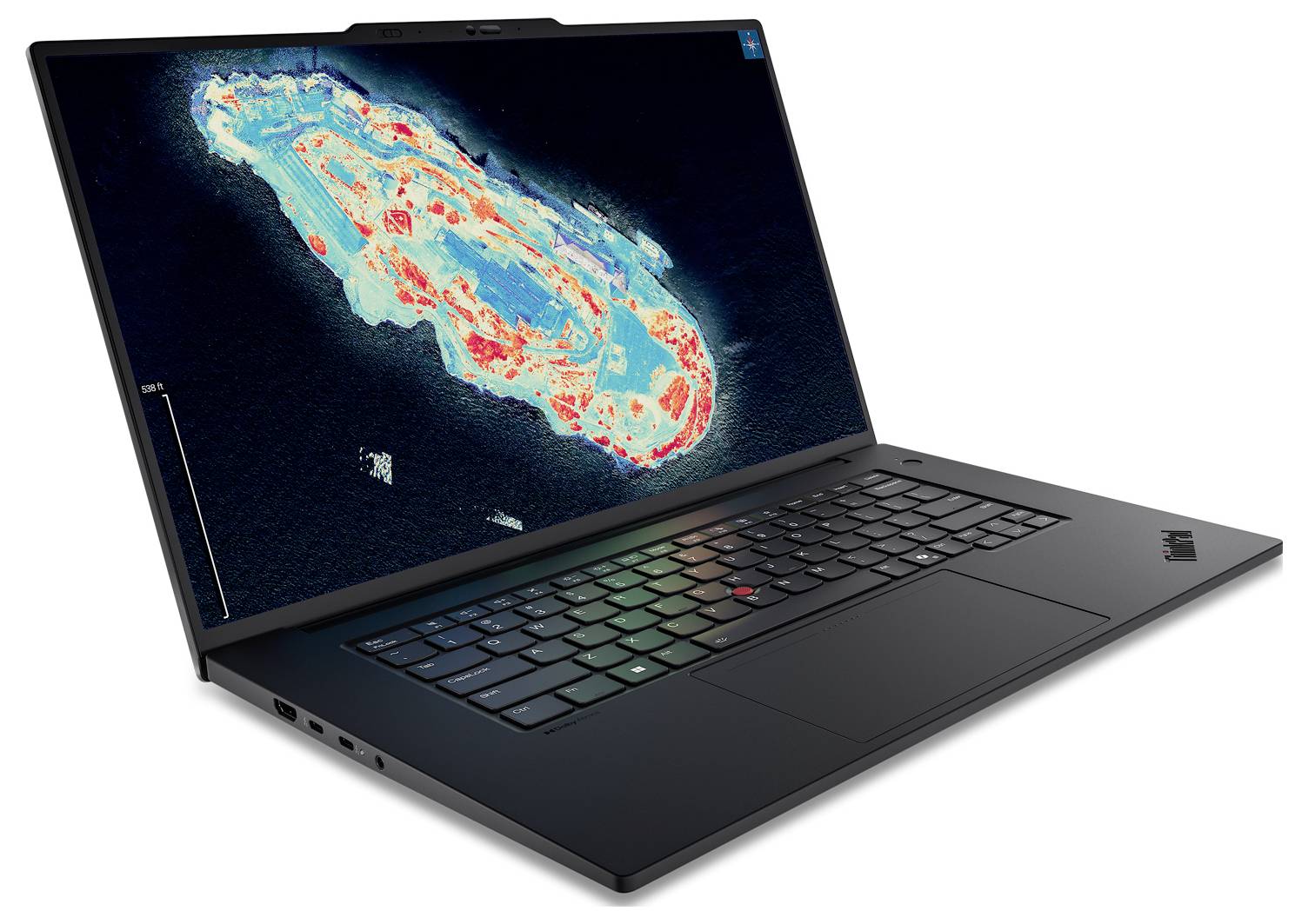 Ein Laptop, der eine Wärmebildkarte auf seinem Bildschirm zeigt und verschiedene Temperaturstufen in einem unidentifizierten Gebiet darstellt.