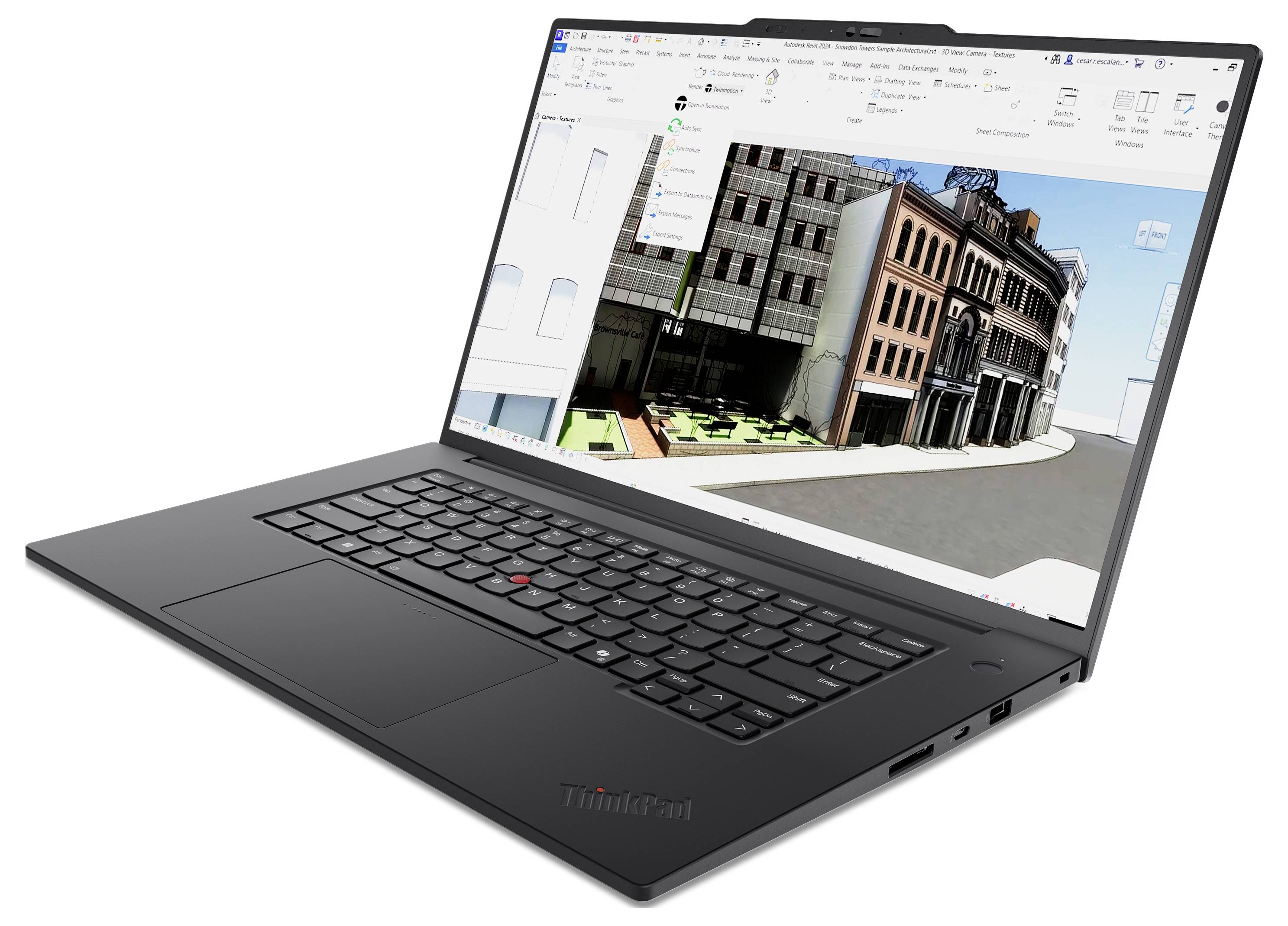 Ein schwarzer Laptop mit geöffnetem Bildschirm, auf dem 3D-Architektursoftware eine Straße mit Gebäuden in einer Designoberfläche darstellt.