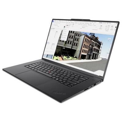 Ein schwarzer Laptop mit geöffnetem Bildschirm, auf dem 3D-Architektursoftware eine Straße mit Gebäuden in einer Designoberfläche darstellt.