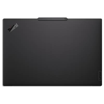 Ein schwarzer Lenovo ThinkPad-Laptop, geschlossen, mit dem 'ThinkPad'-Logo in einer Ecke und 'Lenovo' in einer anderen.