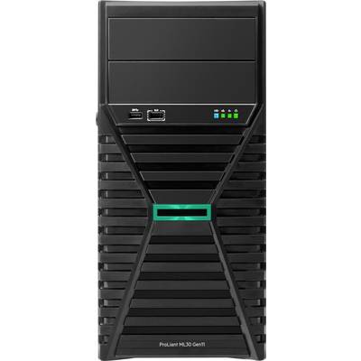 Ein schwarzer Server-Tower mit der Bezeichnung 'ProLiant ML30 Gen11', ausgestattet mit zwei USB-Anschlüssen, einem Ethernet-Anschluss und vier Indikatorleuchten auf dem Frontpanel.