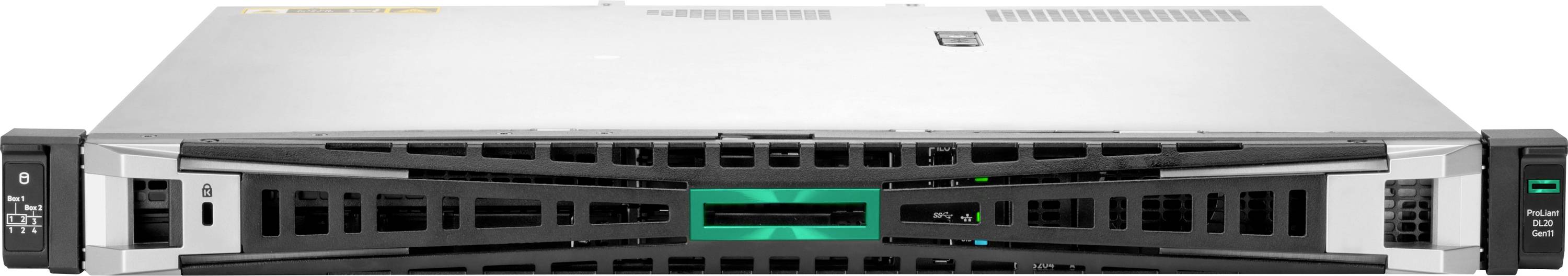 Ein silberner Rack-Server mit schwarzer Zentralblende und Indikatorleuchten, der für Datenspeicherung und -management in der IT-Infrastruktur verwendet wird.