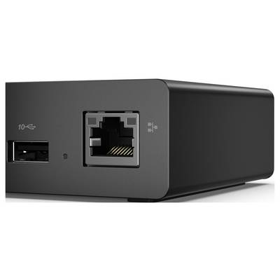 Eine Nahaufnahme eines schwarzen elektronischen Geräts, die einen USB-Anschluss und einen Ethernet-Anschluss zeigt, die Konnektivitätsoptionen andeuten.
