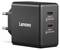 Das Bild zeigt ein schwarzes Lenovo Dual-Port-USB-Ladegerät mit zwei USB-C-Anschlüssen, die mit "USB-C2 18W MAX" und "USB-C1 65W MAX" gekennzeichnet sind.
