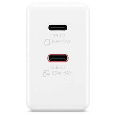 Ein weißer Dual-Port-USB-Ladegerät mit zwei USB-C-Anschlüssen: 'USB-C2' gekennzeichnet für maximal 18W und 'USB-C1' in Rot hervorgehoben für maximal 65W.