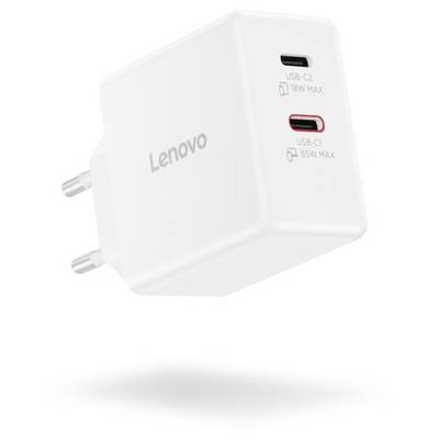 Weißer Lenovo USB-Ladegerät mit zwei Anschlüssen: 'USB-C2 18W MAX' und 'USB-C1 65W MAX'. Der Stecker verfügt über zwei runde Stifte.