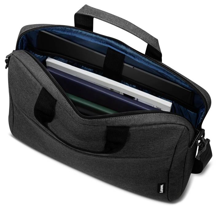 Eine schwarze Laptoptasche mit einer Reißverschluss-Öffnung von oben gibt den Blick auf einen Laptop und zwei zusätzliche Fächer im Inneren frei. Die Tasche verfügt über einen Griff und einen Schultergurt.