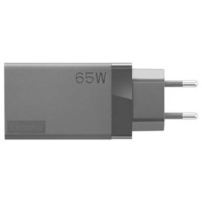Ein schwarzes 65-W-Lenovo-Netzteil mit zwei Stiften zum Einstecken in eine Steckdose.