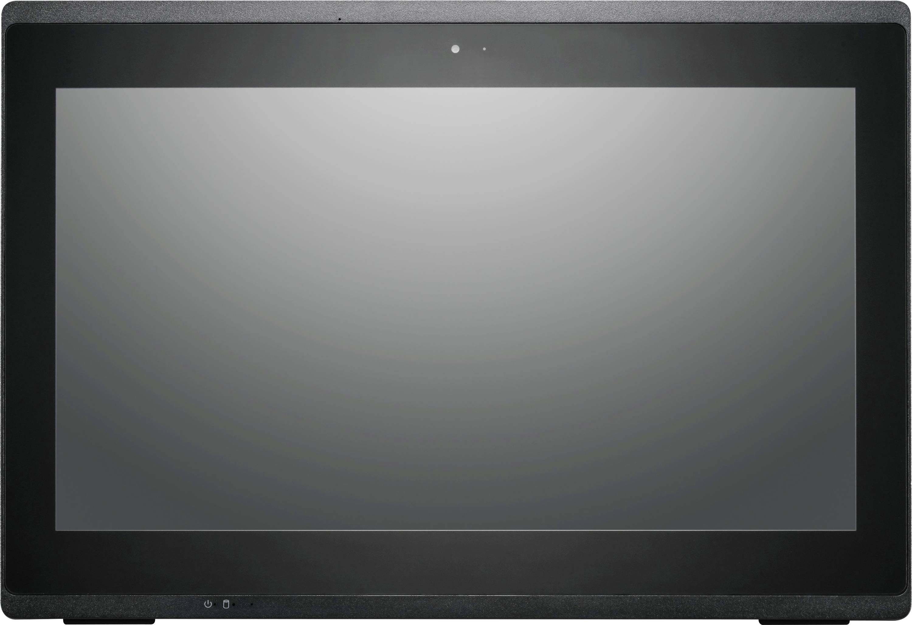 Ein schwarzer, flacher Computerbildschirm mit reflektierender Oberfläche, von vorne betrachtet.