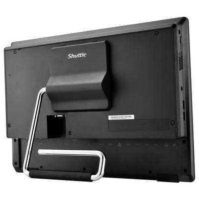 Ein schwarzer Computermonitor mit einem silbernen Ständer, Rückansicht mit der Markenbezeichnung "Shuttle".