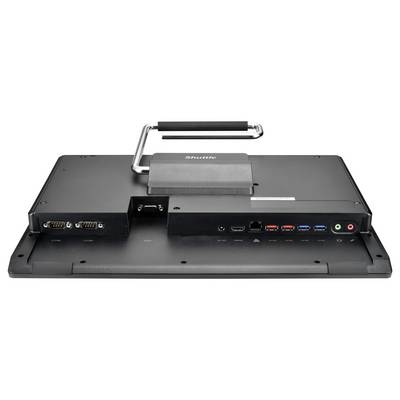 Die Rückseite eines elektronischen Geräts mit verschiedenen Anschlüssen und Anschlüssen, darunter USB, HDMI und Audioeingänge, mit einem Griff oben.