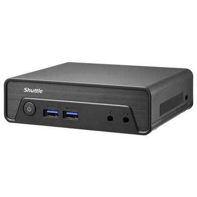 Ein kompakter schwarzer Computer mit zwei USB-Anschlüssen, Audioports und einem Einschaltknopf auf der Frontplatte. Geeignet für den Einsatz auf dem Schreibtisch.