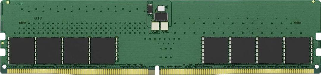 Ein grünes Computer-Arbeitsspeicher-RAM-Modul mit schwarzen Chips und goldenen Anschluss-Pins, verwendet zur temporären Datenspeicherung in elektronischen Geräten.