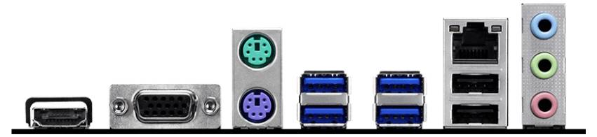 Eine Computermotherboard-Rückseite mit HDMI-, VGA-, PS/2-, USB-, Ethernet- und Audioanschlüssen, von links nach rechts angeordnet.