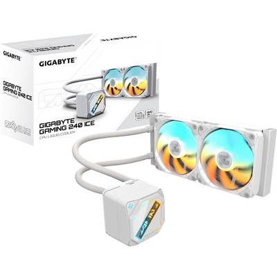 "Gigabyte Gaming 240 Ice CPU-Flüssigkeitskühler" mit Doppellüftern, in Verpackung gezeigt.