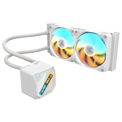 Ein weißer CPU-Flüssigkeitskühler mit Doppellüftern und RGB-Beleuchtung. Die Lüfter und die Pumpe sind mit flexiblen Schläuchen verbunden und erzeugen einen modernen Technologie-Look.
