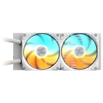 Ein Kühlsystem für Computer mit zwei Ventilatoren und auffälliger petrolblauer und orangefarbener LED-Beleuchtung, entwickelt zur Verbesserung des Luftflusses und Aufrechterhaltung einer optimalen Temperatur.