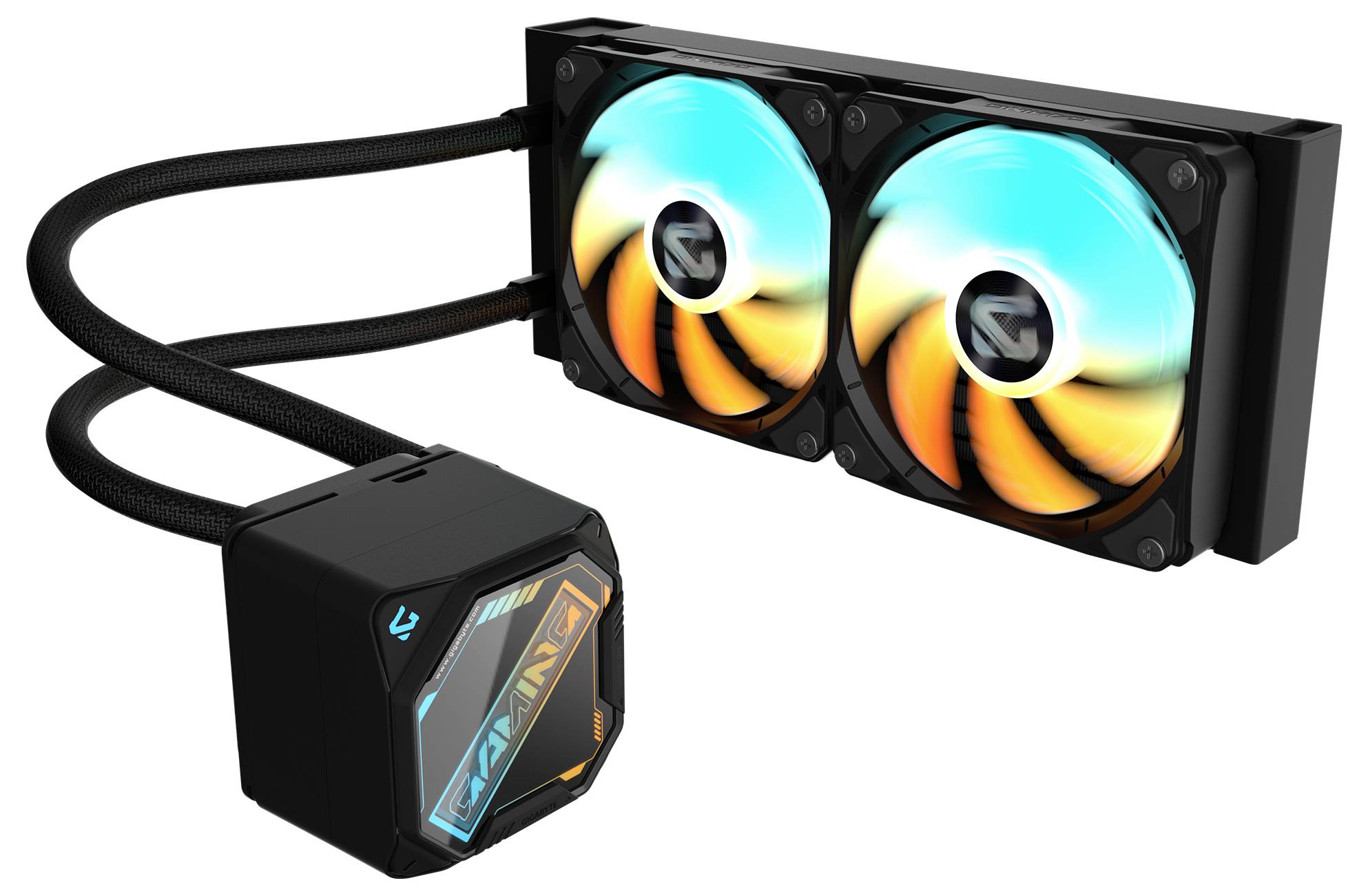 Ein Flüssigkeits-Kühlsystem für Computer mit Doppellüftern, beleuchteten Ventilatoren und einer markeneigenen Pumpe. Geeignet zur Verbesserung der Kühlleistung von PCs.