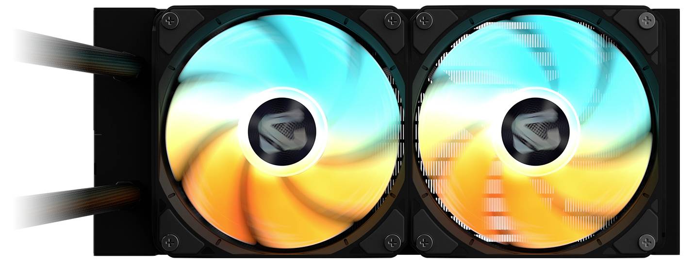 Eine Kühlvorrichtung für Computer mit zwei Ventilatoren und markanten Lüfterblättern in leuchtendem Orange und Petrol.
