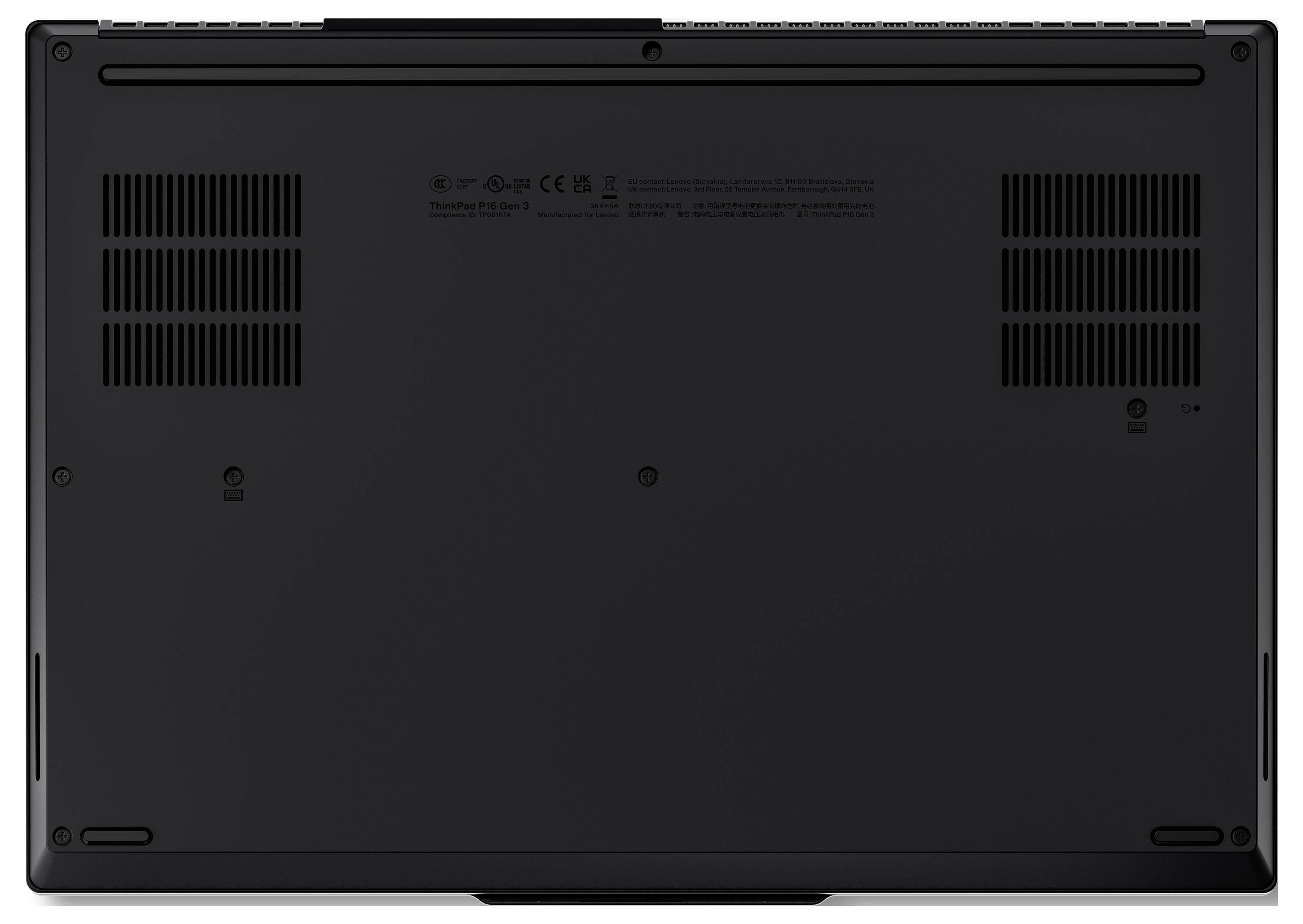 Das Bild zeigt die Unterseite eines geschlossenen Laptops mit Lüftungsschlitzen an beiden Seiten und ohne sichtbare Markierungen.