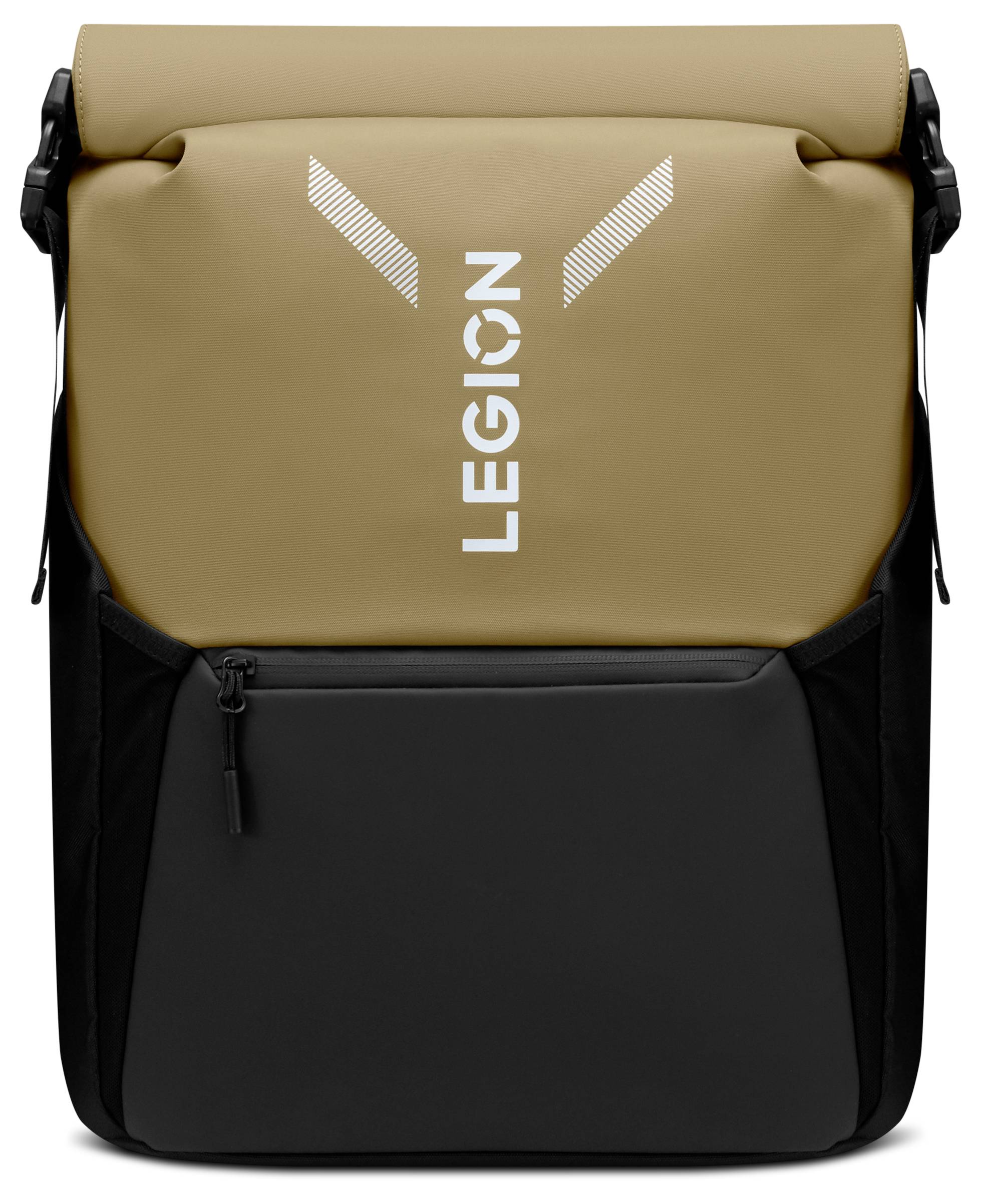 Ein beige-brauner und schwarzer Rucksack mit dem Wort 'LEGION' in weißer Schrift auf der Vorderseite, ausgestattet mit einem Rolltop-Verschluss und einer Reißverschlusstasche vorne.
