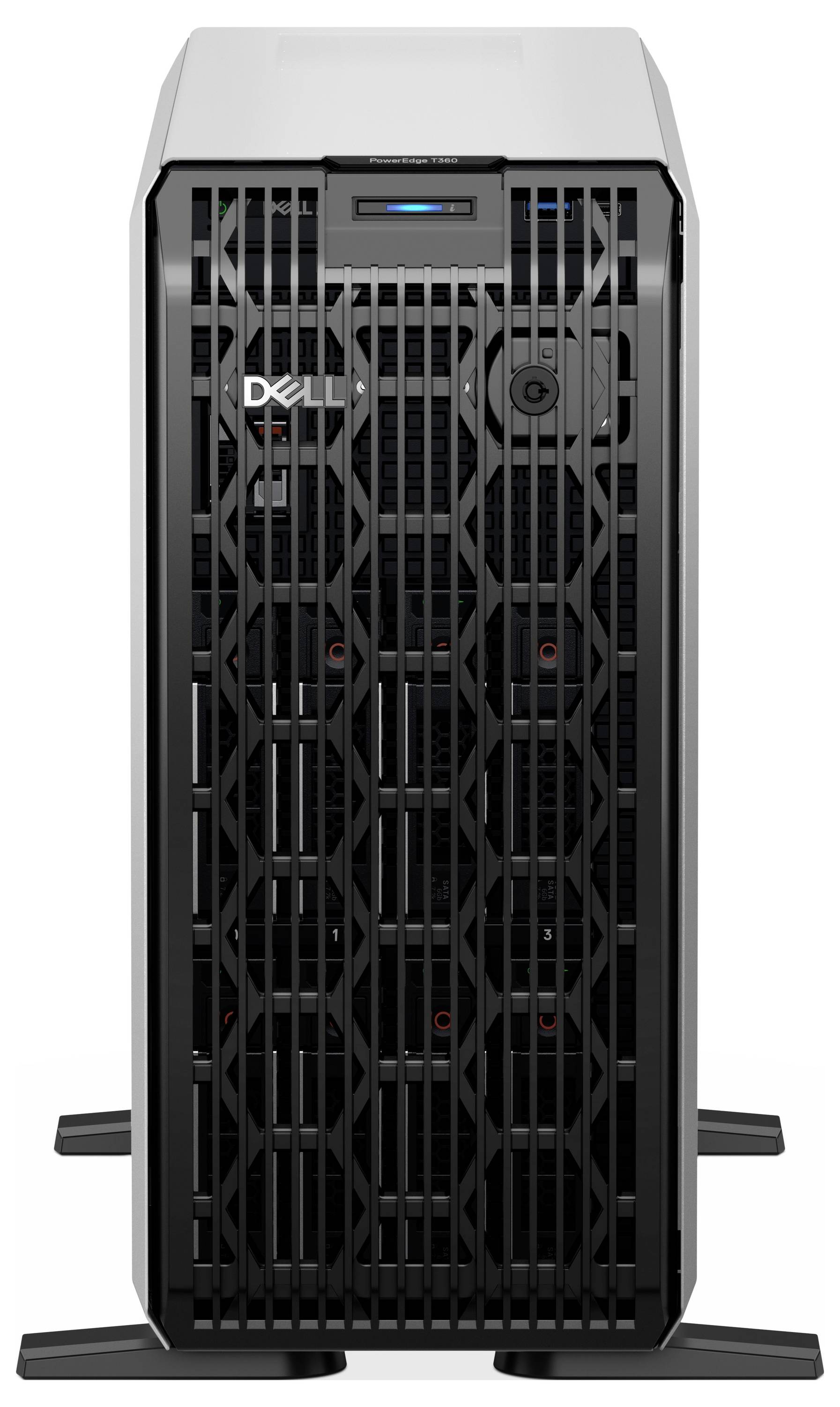 Ein schwarzer und silberner Computer-Serverturm mit Lüftungsschlitzen und einem Einschaltknopf auf der Frontplatte, der auf verstellbaren Füßen steht.