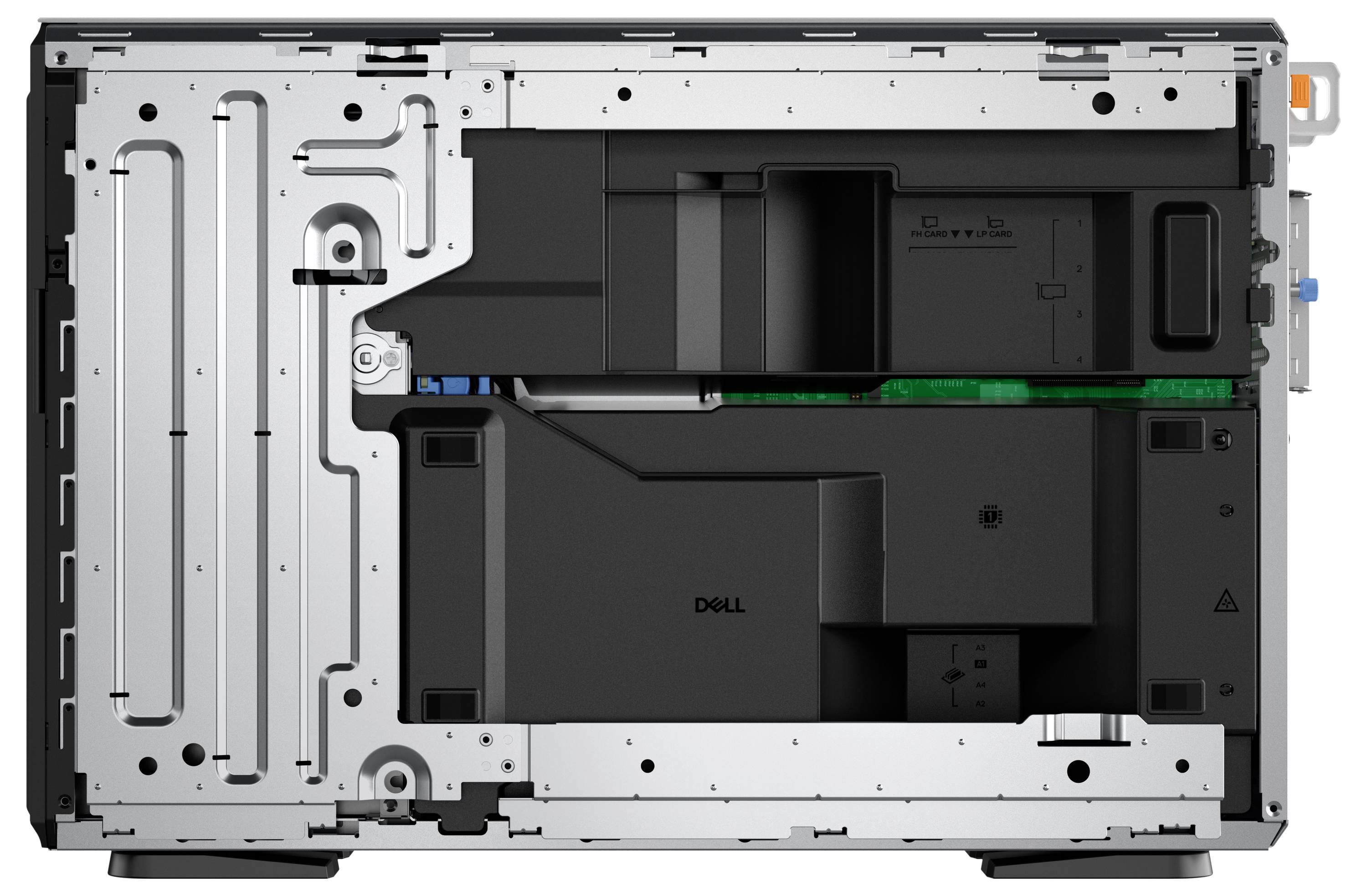 Innere Ansicht eines Computers oder Druckers mit Darstellung der internen Komponenten, Verkabelung und Struktur. Das Layout ist organisiert und kompakt.