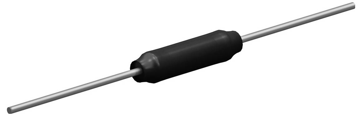 Eine zylindrische elektronische Komponente mit Metallanschlüssen an beiden Enden, typischerweise eine Diode, die horizontal vor einem weißen Hintergrund liegt.