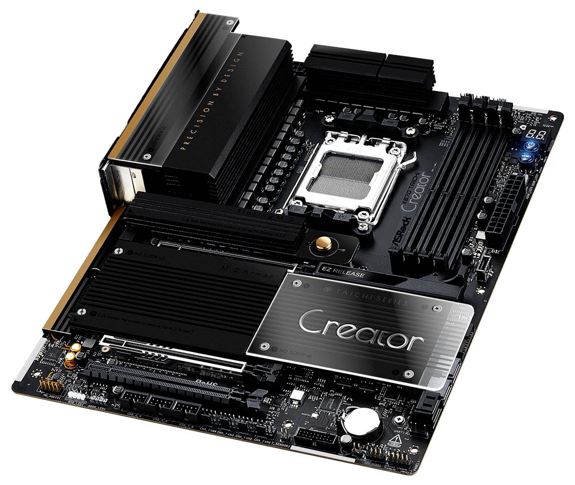 Eine schwarze Motherboard mit der Aufschrift "Creator", ausgestattet mit mehreren Steckplätzen, Anschlüssen und Kühlkörpern, die für High-Performance-Computing konzipiert ist.