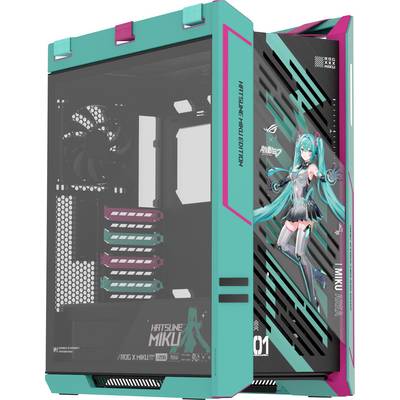 Ein individuelles Computergehäuse mit einem Design in Petrol und Pink, das eine stilisierte Figur auf dem Seitenpanel trägt, mit der Bezeichnung ‚Hatsune Miku'.