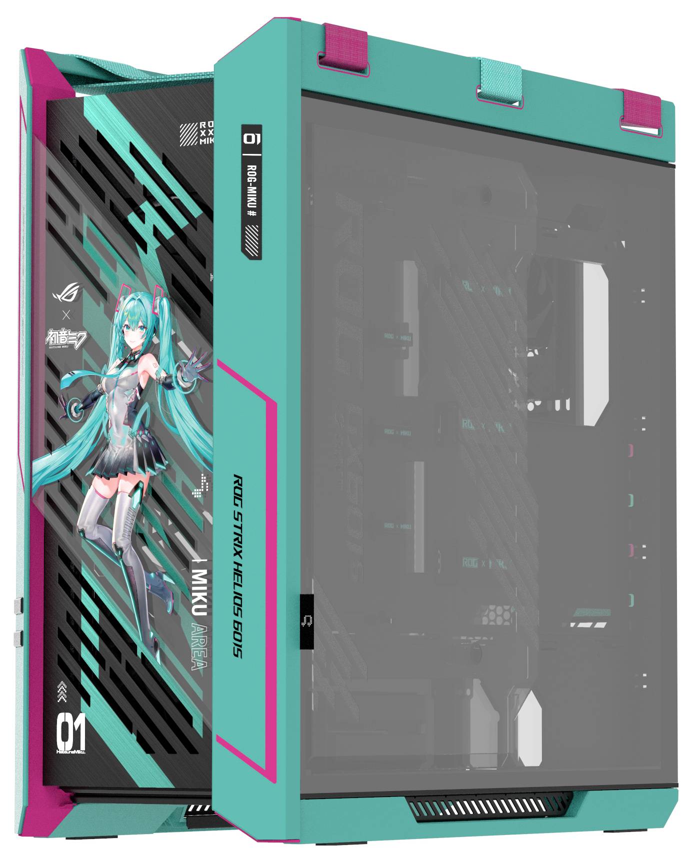 Tower-Computergehäuse mit einem Design in Petrol und Pink, das auf seinem Seitenpanel eine futuristische, Anime-Stil-Darstellung einer Figur namens Miku zeigt.