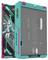 Tower-Computergehäuse mit einem Design in Petrol und Pink, das auf seinem Seitenpanel eine futuristische, Anime-Stil-Darstellung einer Figur namens Miku zeigt.