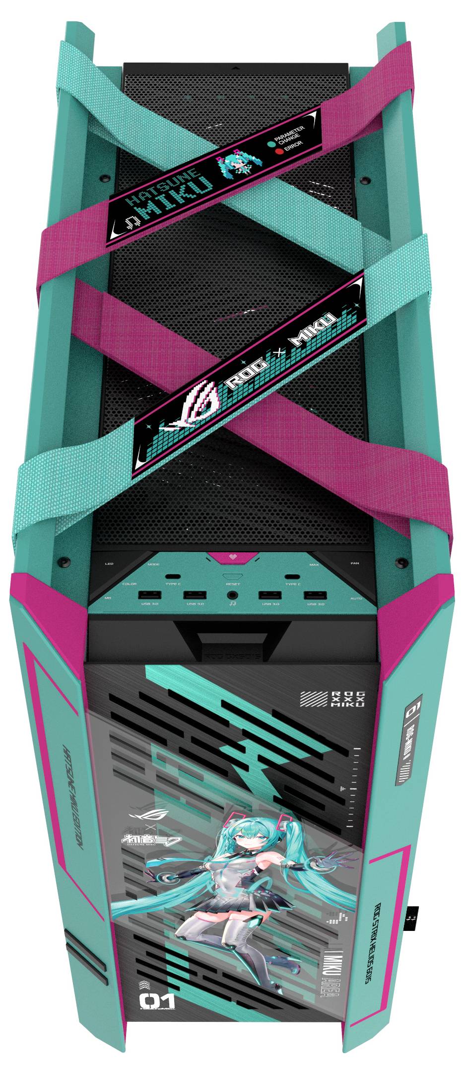 Ein Gaming-PC-Gehäuse mit lebendigen petrol- und pinkfarbenen Akzenten, das eine Illustration einer Figur im unteren vorderen Bereich zeigt.