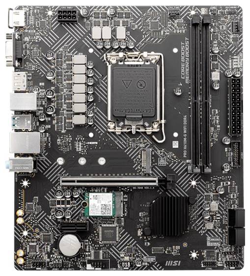 Eine Computermotherboard mit verschiedenen Komponenten, einschließlich eines CPU-Sockels, RAM-Steckplätzen und verschiedenen Anschlüssen für Peripheriegeräte und Stromversorgung.