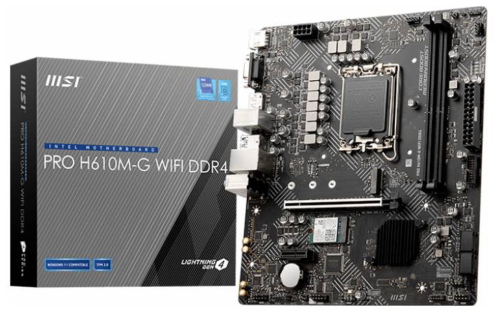 MSI PRO H610M-G WiFi DDR4 Motherboard, die neben ihrer Verkaufsverpackung präsentiert wird. Das Motherboard verfügt über mehrere Anschlüsse und Steckplätze für Komponenten.