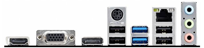 Nahaufnahme verschiedener Computeranschlüsse wie HDMI, VGA, USB, Ethernet und Audioausgänge, die die Konnektivitätsoptionen eines PCs zeigen.