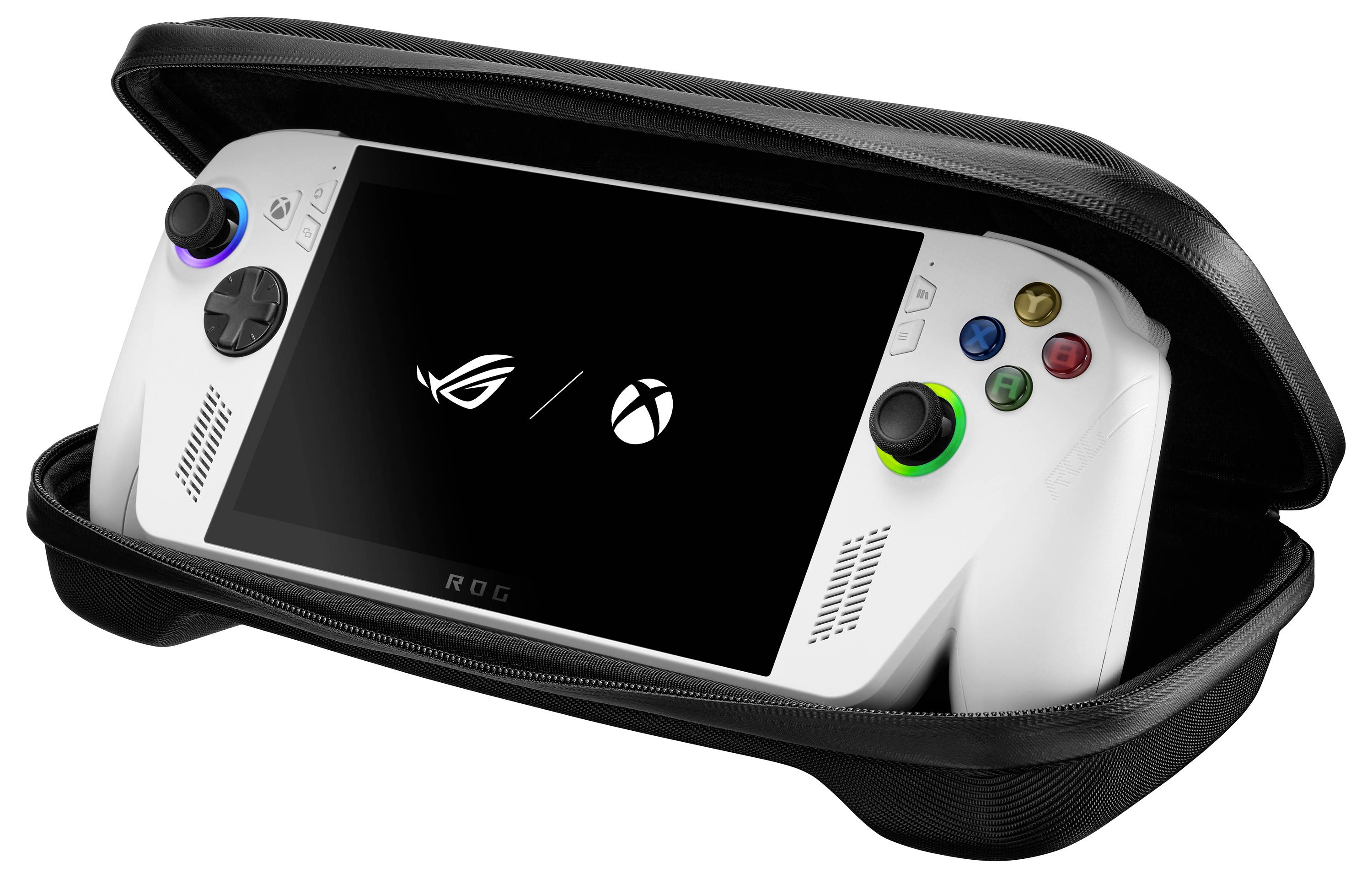 Tragbare Spielkonsole mit bunten Tasten, in einem schwarzen Schutzgehäuse untergebracht. Die Anzeige zeigt die Logos von 'ROG' und 'Xbox' auf dem Bildschirm.