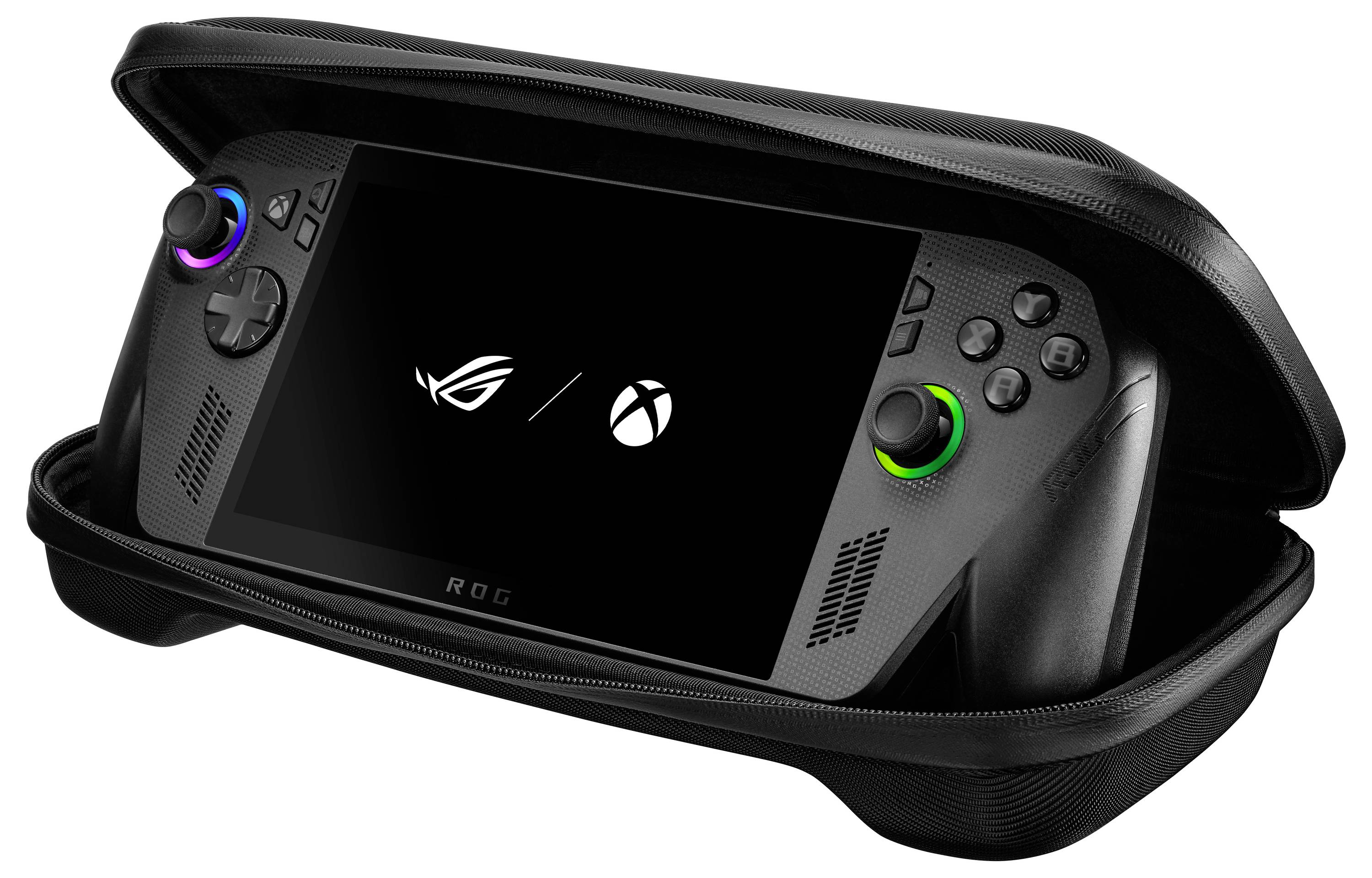 Ein tragbares Spielgerät in einem schwarzen Gehäuse, auf dessen Bildschirm die Logos von ROG und Xbox zu sehen sind. Das Gerät verfügt über farbenfrohe Bedienelemente.