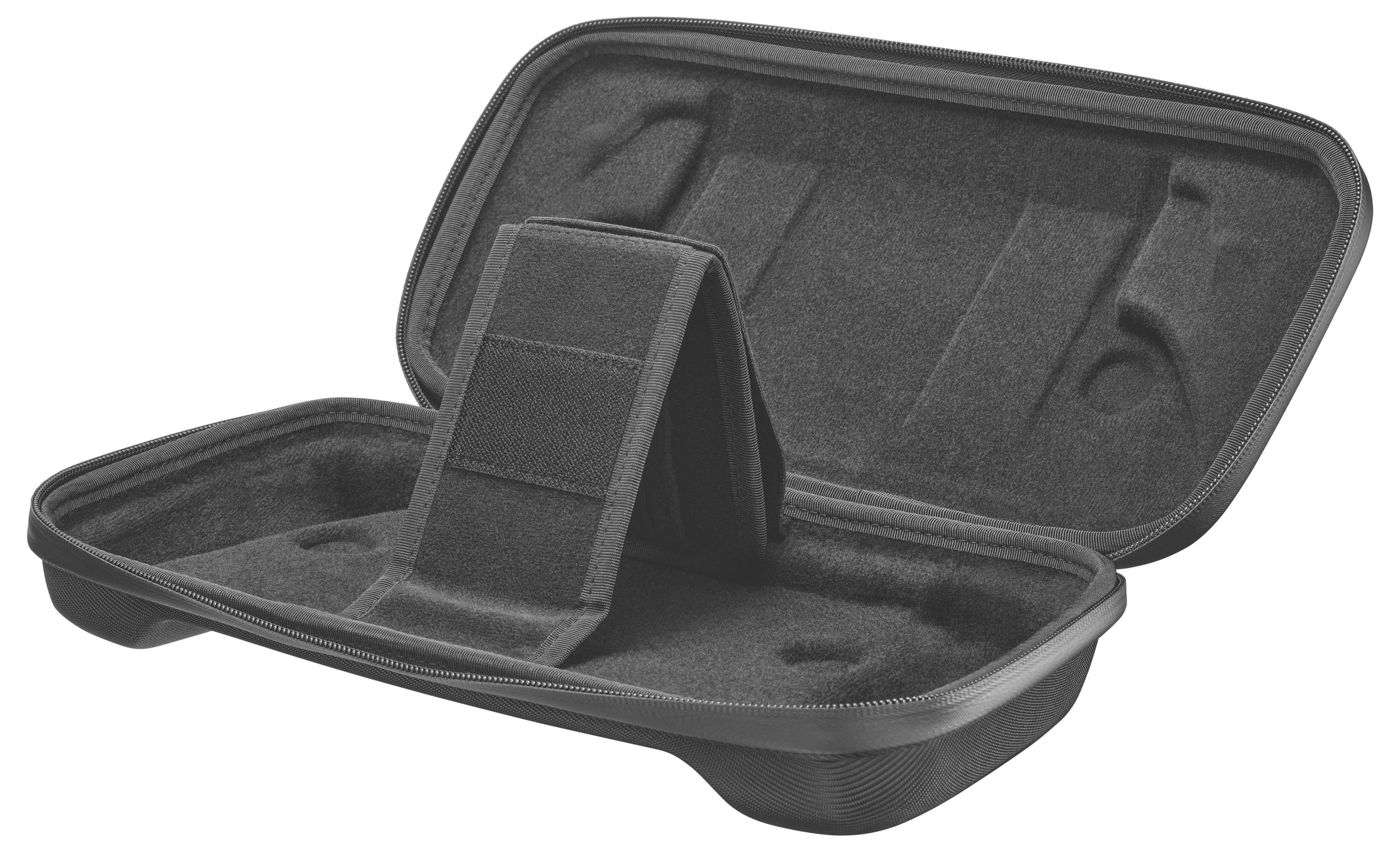 Eine schwarze gepolsterte Tasche mit Klappe, geöffnet, um ihr Inneres zu zeigen, entwickelt zum sicheren Halten und Schützen von Ausrüstung oder Zubehör.