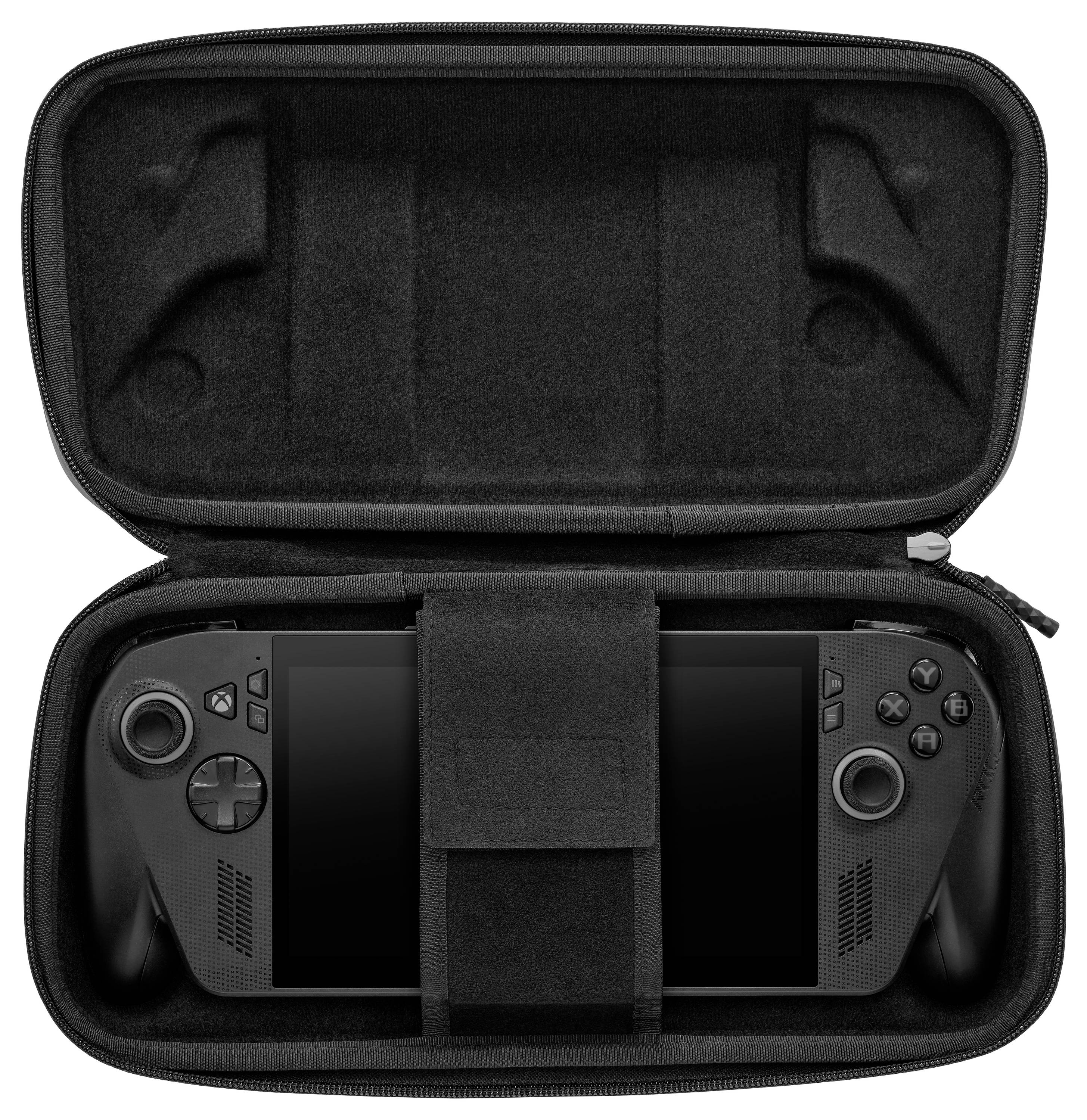 Eine schwarze tragbare Spielkonsole, sicher in einer maßgefertigten Schutztasche mit Polsterung verstaut.