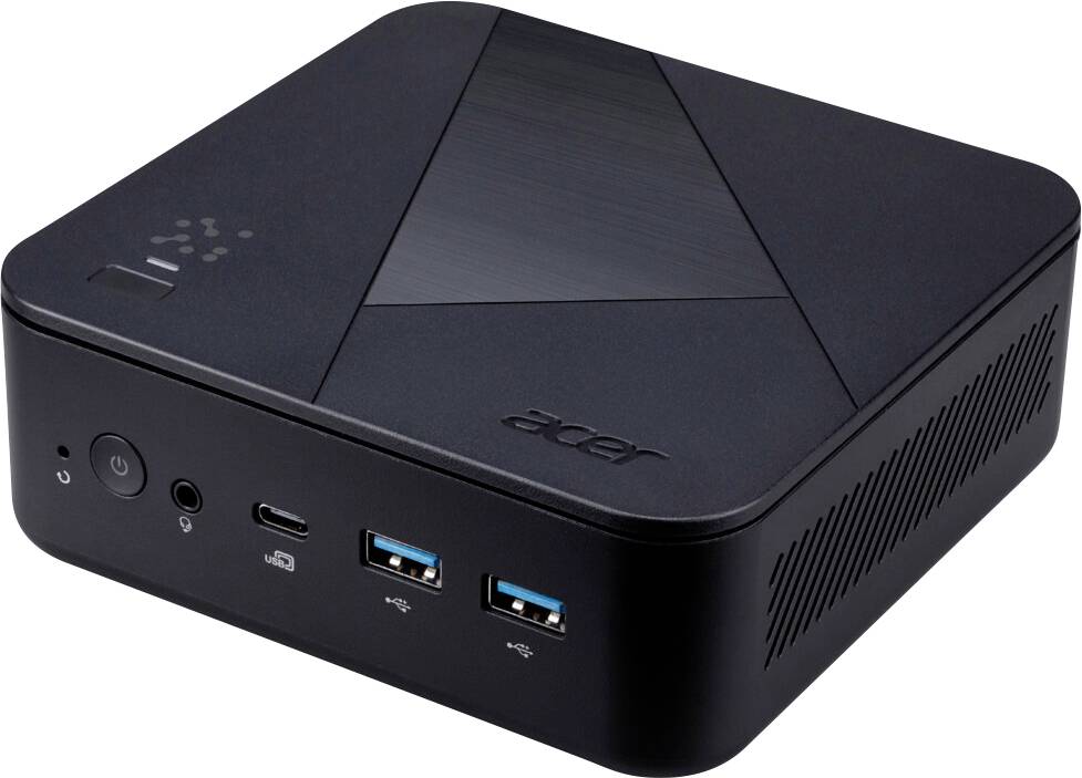 Ein kleiner, schwarzer Acer Mini-PC mit einem Einschalter, einem USB-C-Anschluss und zwei USB-3.0-Anschlüssen auf der Frontplatte. Er zeichnet sich durch ein modernes, kompaktes Design aus.